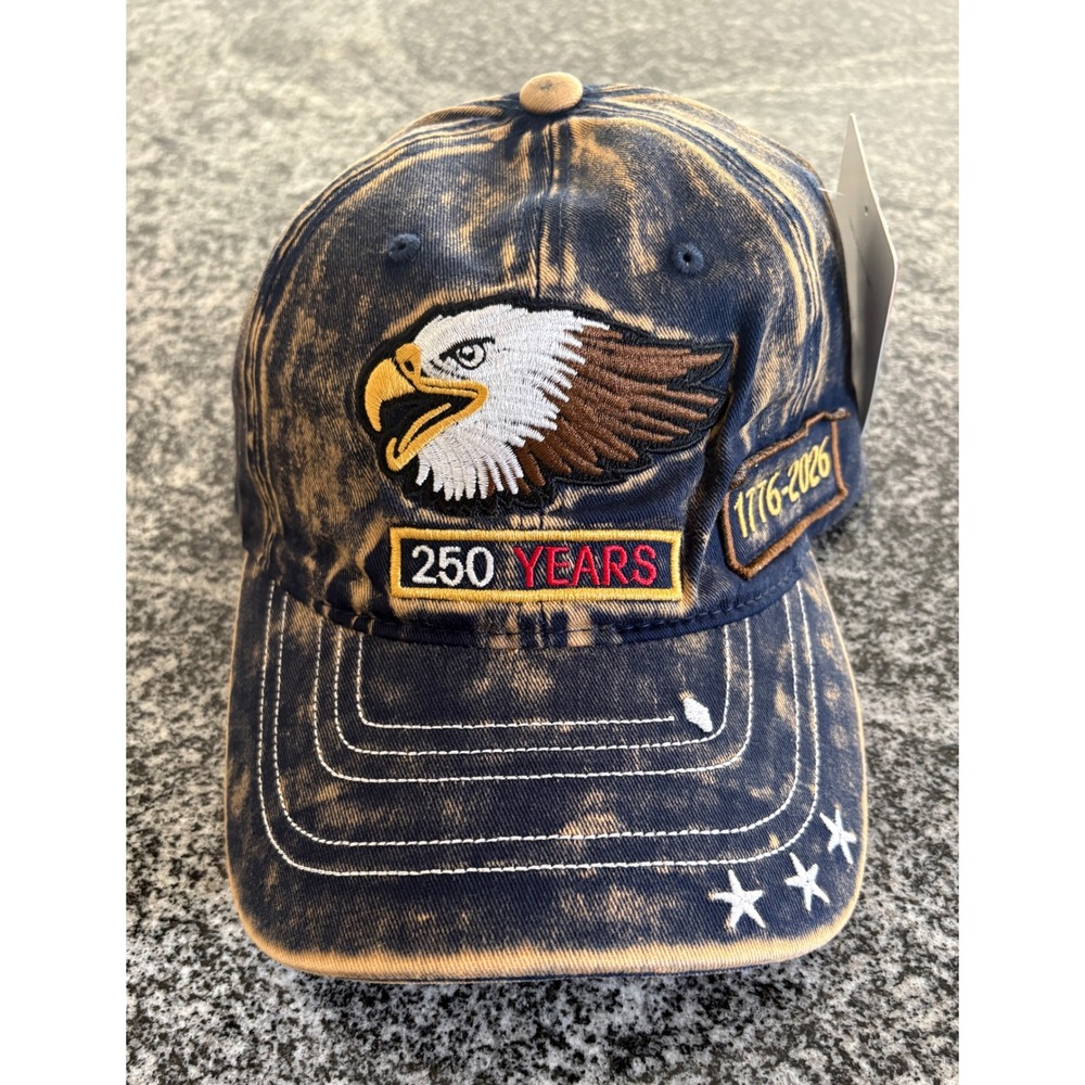 NWT Unisex USA 250th Anniversary Bald Eagle Baseball Hat - OSFM - Blue Acid Wash